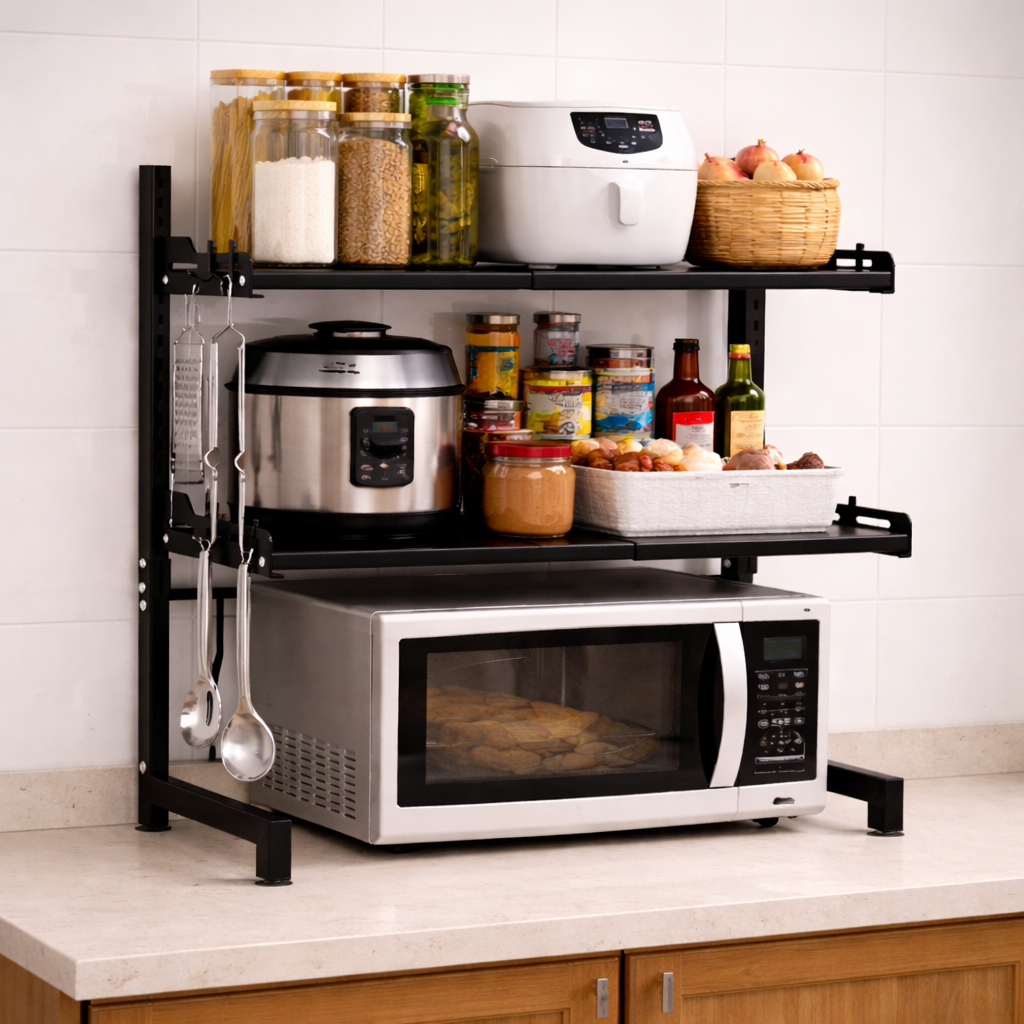 3 tier microwave oven stand black extendable kitchen rack on countertop