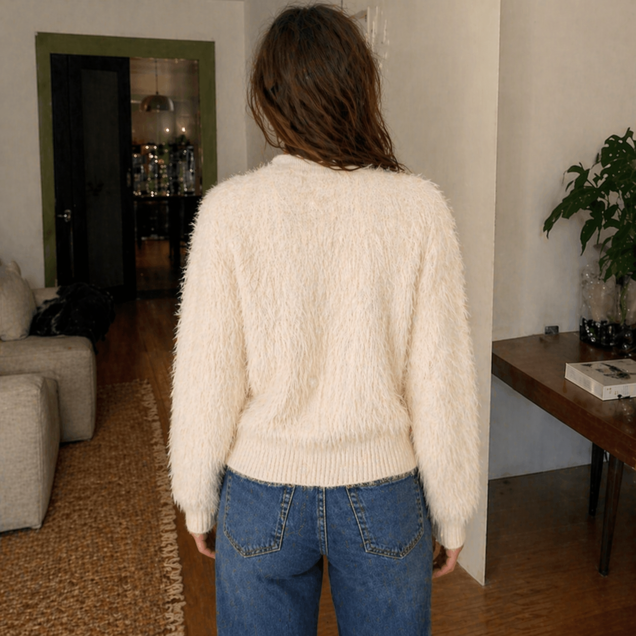 Women’s sparkly shaggy faux fur fluffy cardigan stone back view