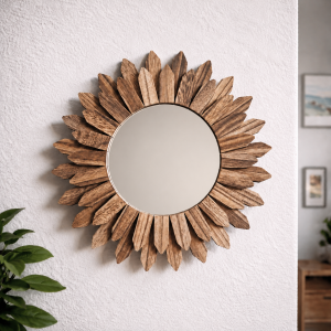 30cm rustic wooden sunburst wall mirror boho style with natural carved frame