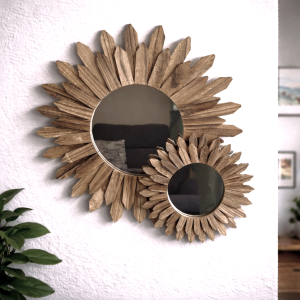 Rustic wooden sunburst wall mirror boho style with natural carved frame