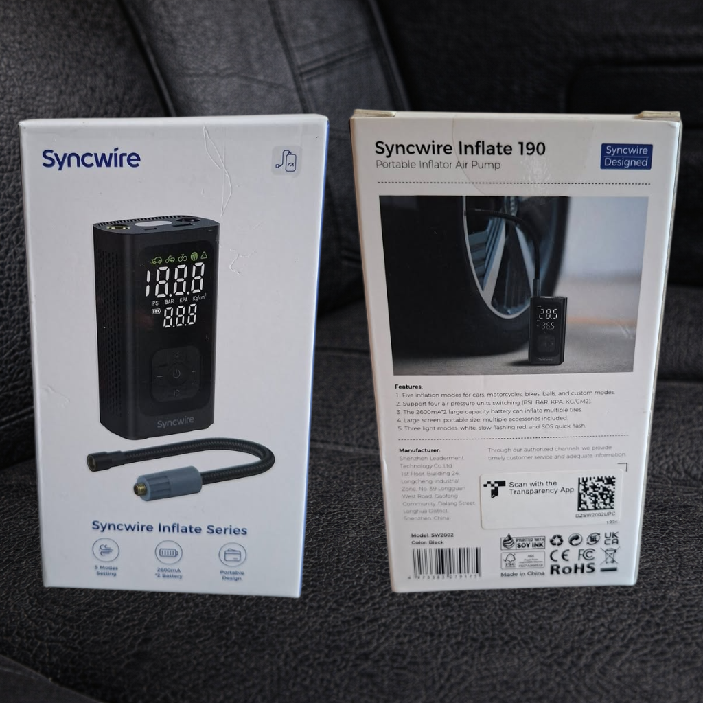 Syncwire portable tyre inflator air compressor 150PSI boxed front and back