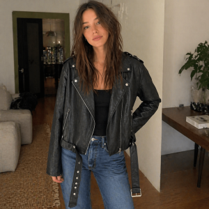 Plus oversized vintage wash PU leather biker jacket black UK 16 front view