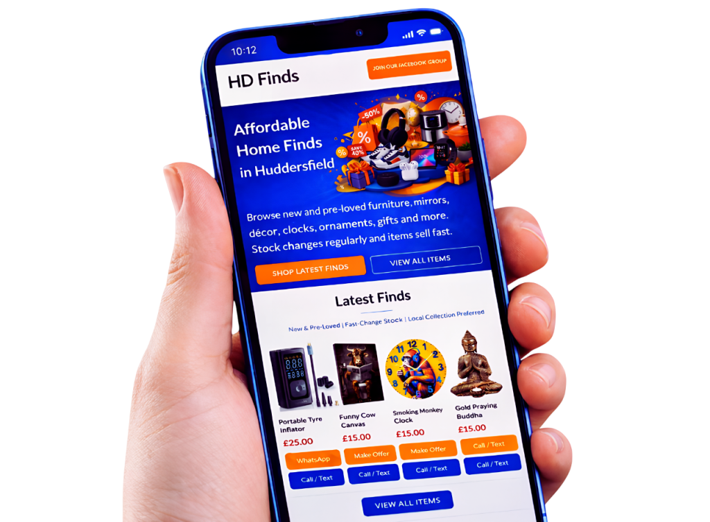 HD Finds website homepage shown on a mobile phone screen