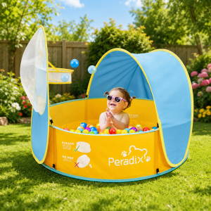 Ball pit play tent and paddling pool 2 in 1 with sunshade set up outdoors