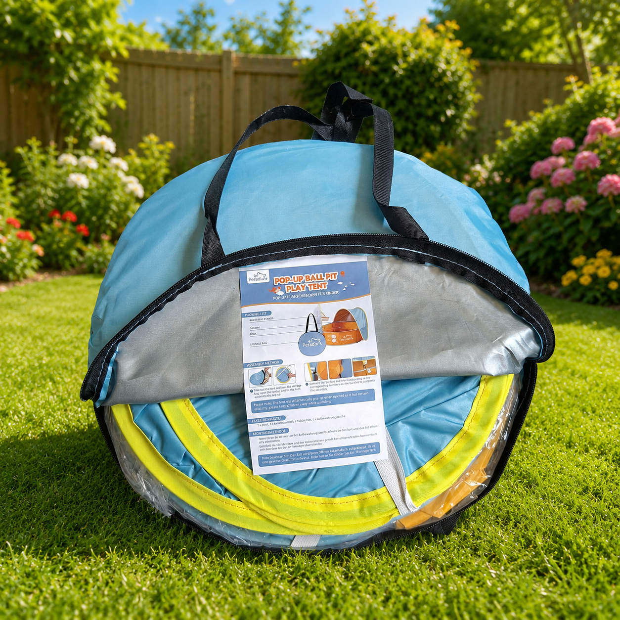 Ball pit play tent and paddling pool 2 in 1 with sunshade folded in carry bag