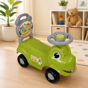 Kids Dino ride on car toy green toddler push along car front view