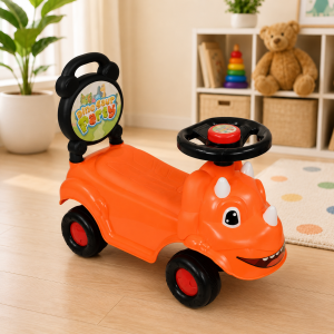 Kids Dino ride on car toy orange toddler push along car front view