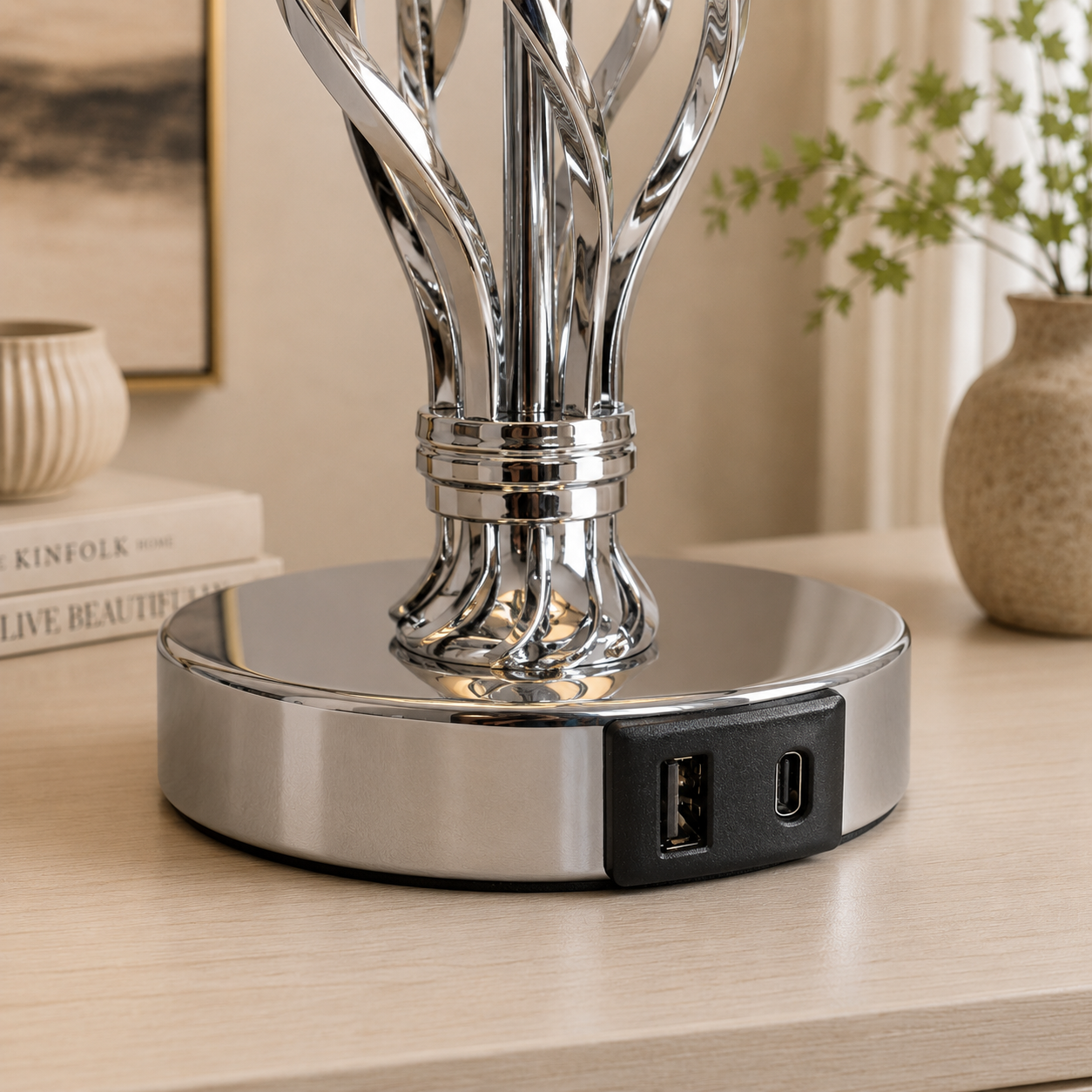 Touch control bedside lamps set of 2 with USB ports base close up